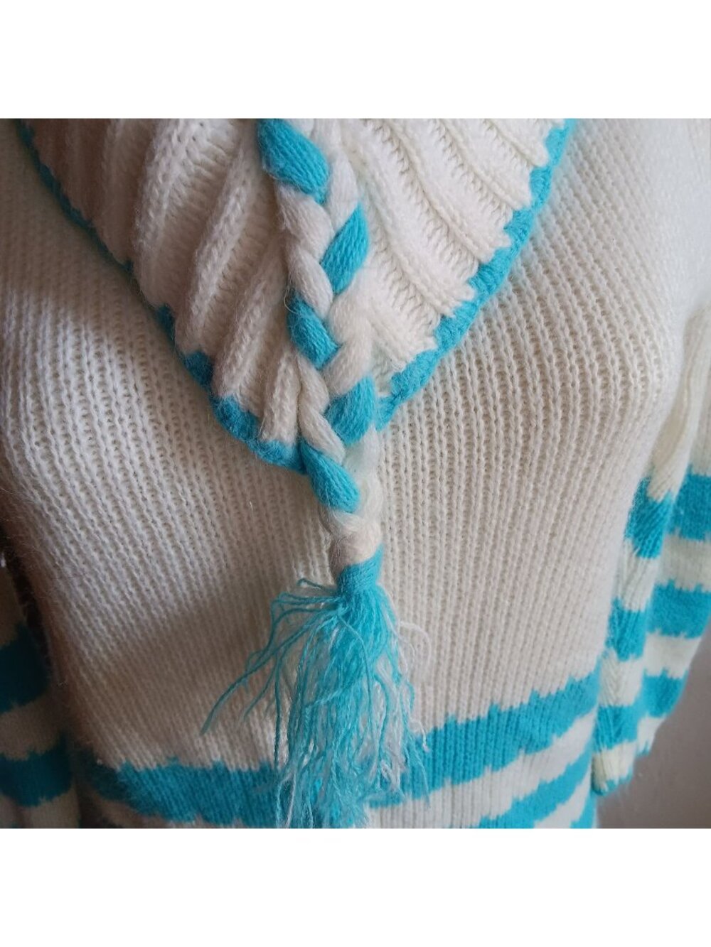 Small True Vintage 1970's Sweater Aqua Striped Braided Tassels Acrylic Hippy